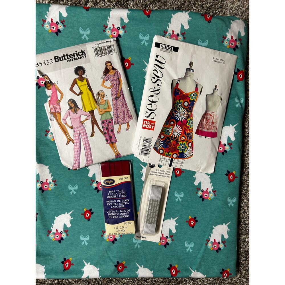 Unicorn fabric with sewing notions and patters